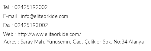 Elite Orkide Suite & Hotel telefon numaralar, faks, e-mail, posta adresi ve iletiim bilgileri